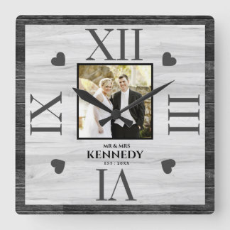 Black Wood Personalised Photo Wedding Anniversary Square Wall Clock