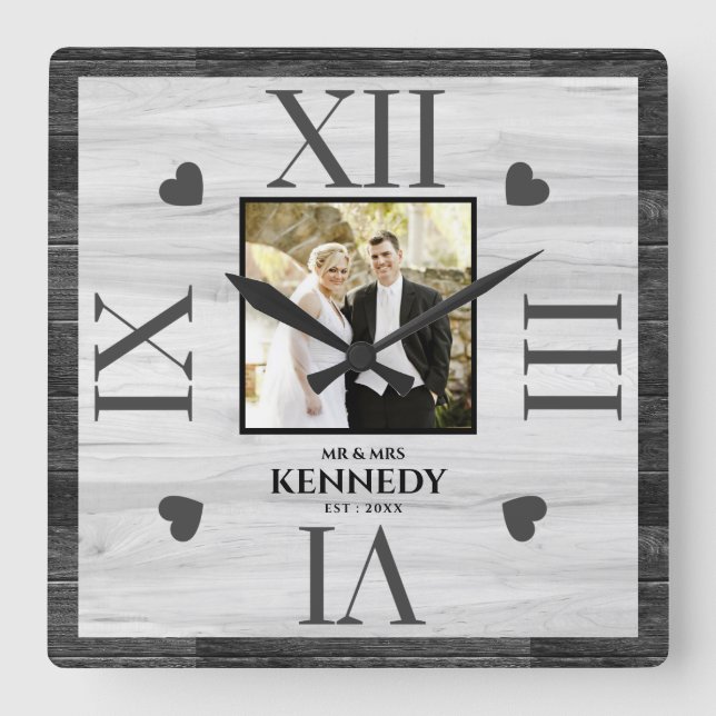 Black Wood Personalised Photo Wedding Anniversary Square Wall Clock (Front)