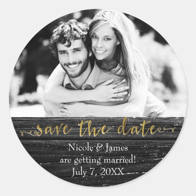 Black Wood SAVE THE DATE Glam Rustic Wedding Photo Classic Round Sticker (Front)