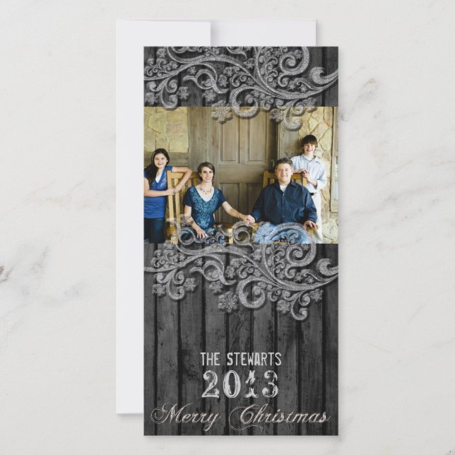 Black Wood Silver Country Photo Christmas Card (Front)