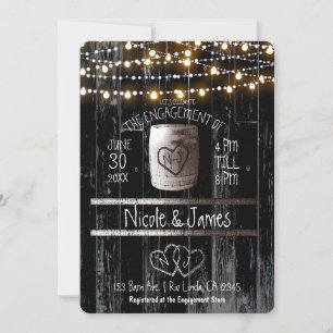 Black Wood String Lights Barrel Rustic Engagement Invitation