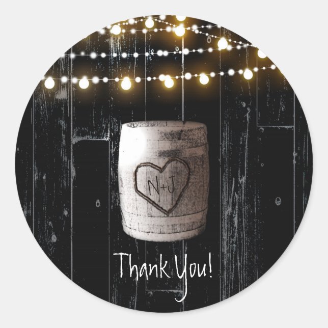 Black Wood String Lights & Barrel Rustic Wedding Classic Round Sticker (Front)