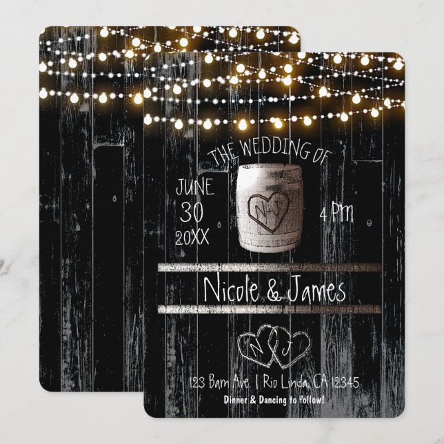 Black Wood String Lights & Barrel Rustic Wedding Invitation (Front/Back)