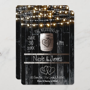 Black Wood String Lights & Barrel Rustic Wedding Invitation