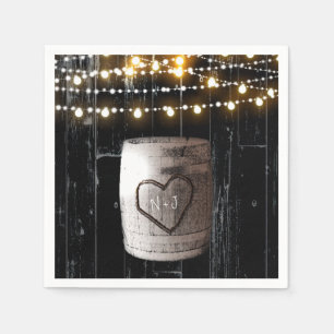 Black Wood String Lights & Barrel Rustic Wedding Napkin