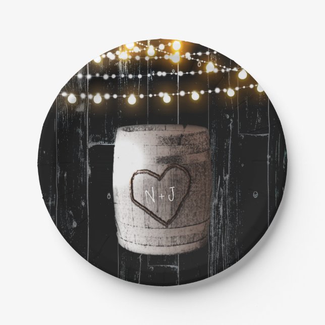 Black Wood String Lights & Barrel Rustic Wedding Paper Plate (Front)