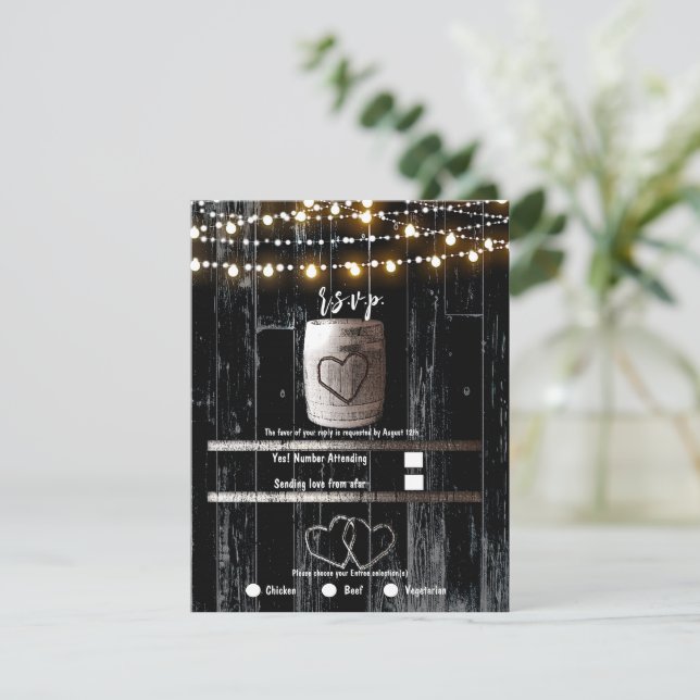 Black Wood String Lights Barrel Wedding RSVP Invitation (Standing Front)