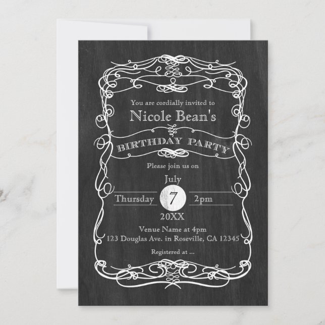 Black Wood White Vintage BIRTHDAY PARTY Invitation (Front)