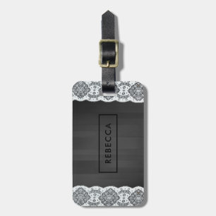 Black Wood & White Vintage Lace Monogram Luggage Tag