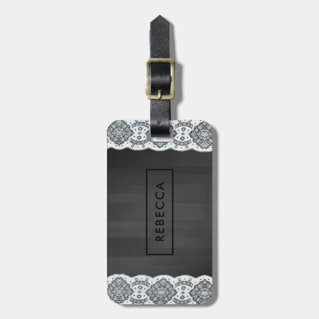 Black Wood & White Vintage Lace Monogram Luggage Tag (Front Vertical)