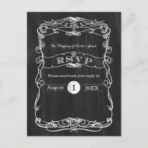Black Wood & White Vintage Wedding RSVP Card