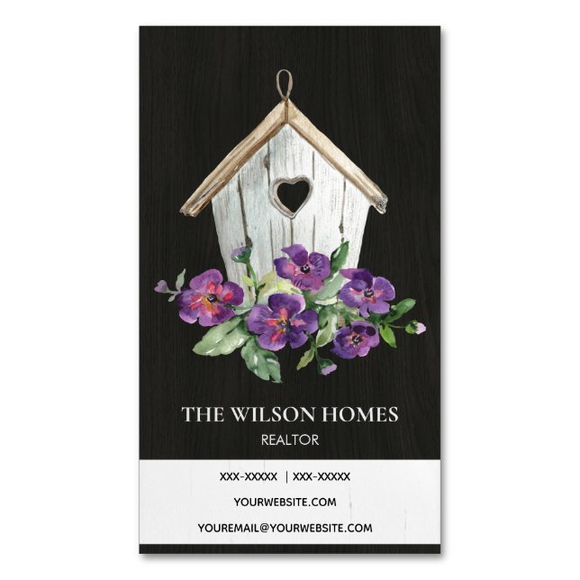 BLACK WOODEN FLORAL BIRDHOUSE REAL ESTATE REALTOR 	Magnetic BUSINESS CARD (Front Vertical)