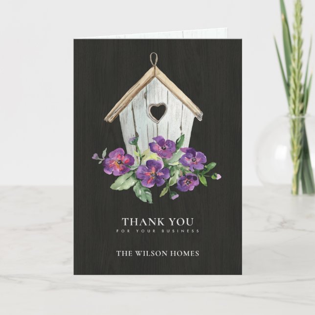 BLACK WOODEN FLORAL BIRDHOUSE REALTOR REAL ESTATE THANK YOU CARD (Front)
