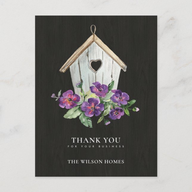 BLACK WOODEN FLORAL BIRDHOUSE REALTOR THANK YOU ANNOUNCEMENT POSTCARD (Front)