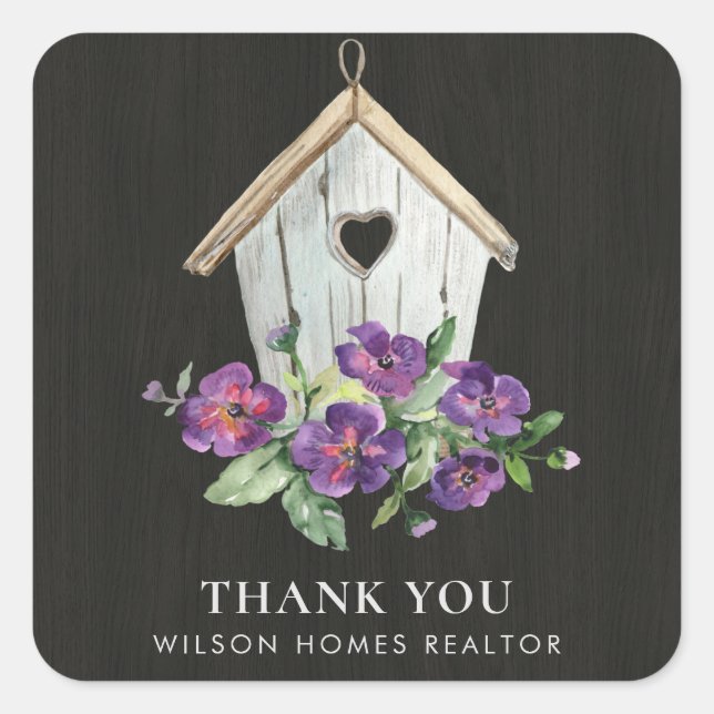 BLACK WOODEN FLORAL BIRDHOUSE THANK YOU REALTOR SQUARE STICKER (Front)