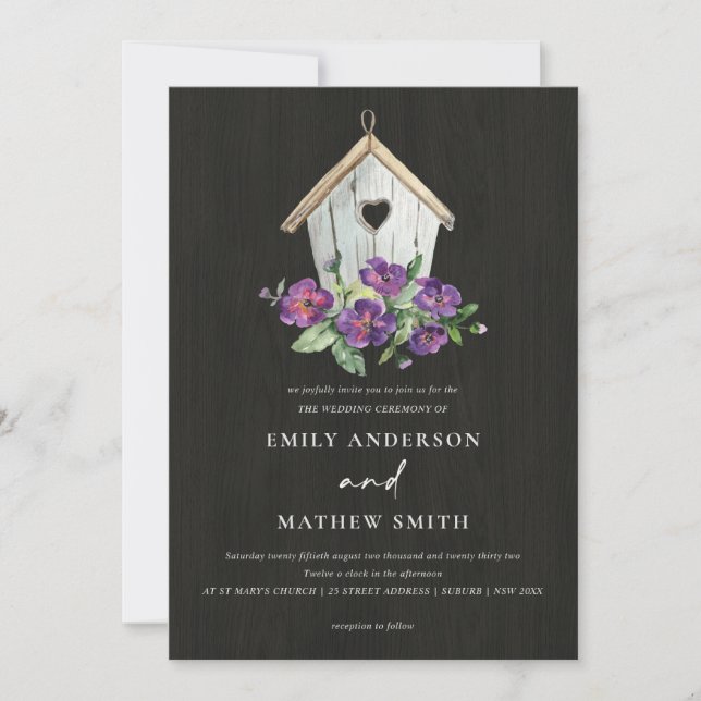 BLACK WOODEN RUSTIC FLORAL BIRDHOUSE WEDDING INVITATION (Front)