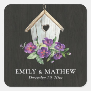 BLACK WOODEN RUSTIC FLORAL BIRDHOUSE WEDDING SQUARE STICKER