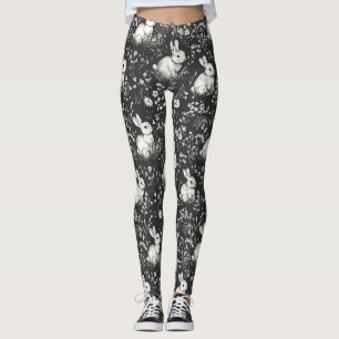 Black Woodland Bunny Botanical Pattern Leggings