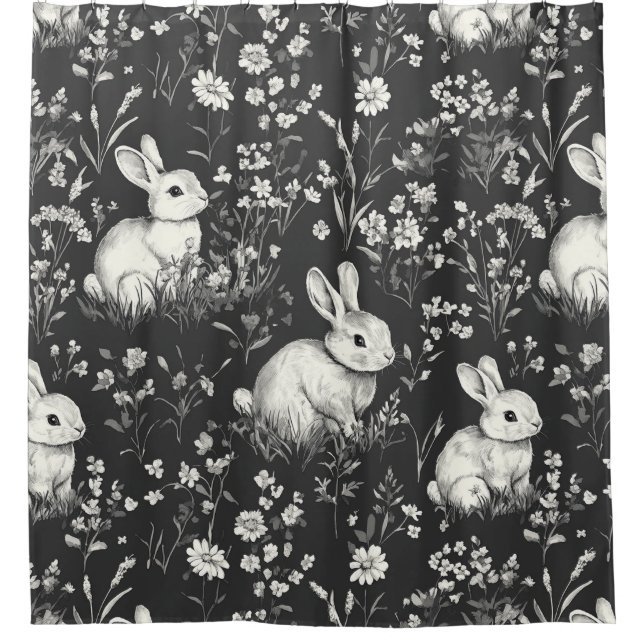 Black Woodland Bunny Botanical Pattern Shower Curtain (Front)