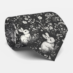 Black Woodland Bunny Botanical Pattern Tie