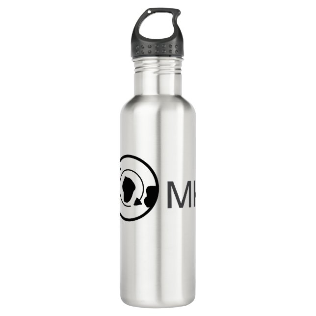 Black world globe add name monogram travel details 710 ml water bottle (Front)