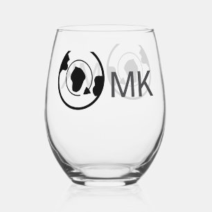 Black world globe add name monogram travel details stemless wine glass