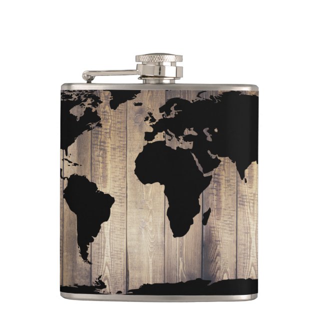 Black World Map Rustic Wood Planks Hip Flask (Front)