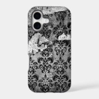 Black Worn-out Vintage Grunge Damask Pattern
