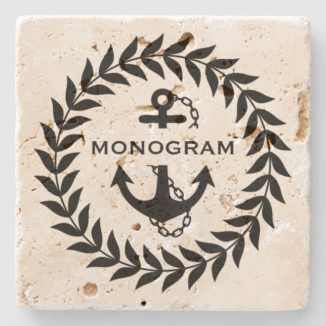 Black Wreath And Nautical Anchor Monogramed Stone Coaster (Front)