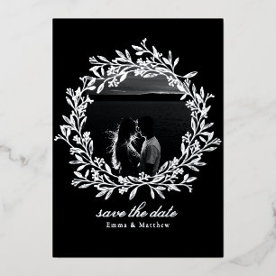 Black Wreath Elegant Photo & QR Save the Date