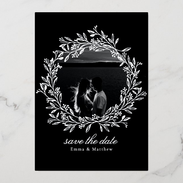 Black Wreath Elegant Photo & QR Save the Date (Front)