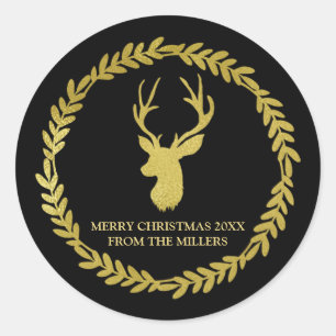 Black Wreath Gold Deer Christmas Custom Classic Round Sticker