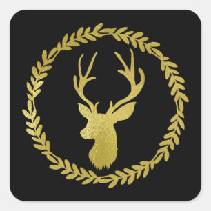 Black Wreath Gold Deer Christmas Square Sticker