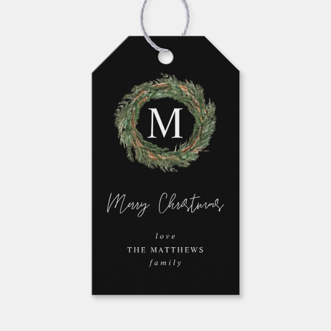 Black Wreath Monogram Gift Tags (Front)