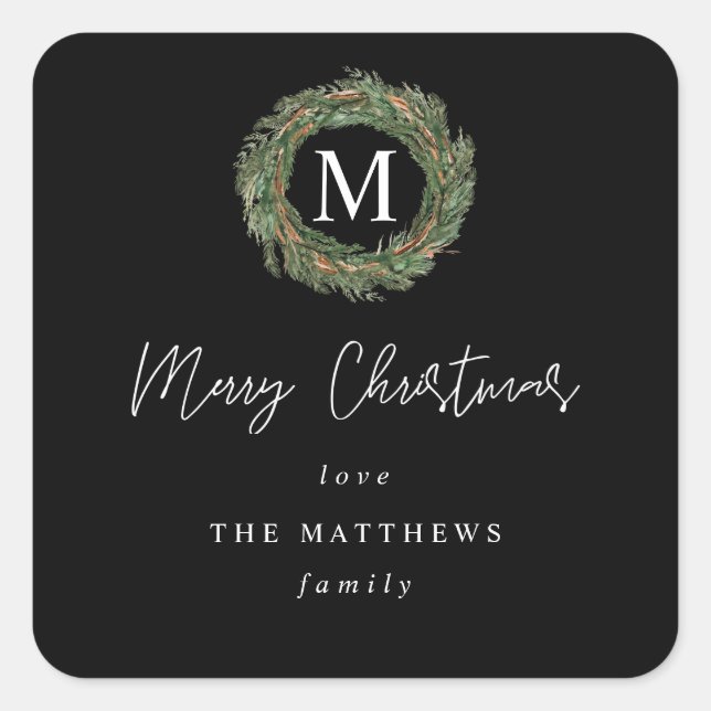 Black Wreath Monogram Merry Christmas Gift Square Sticker (Front)