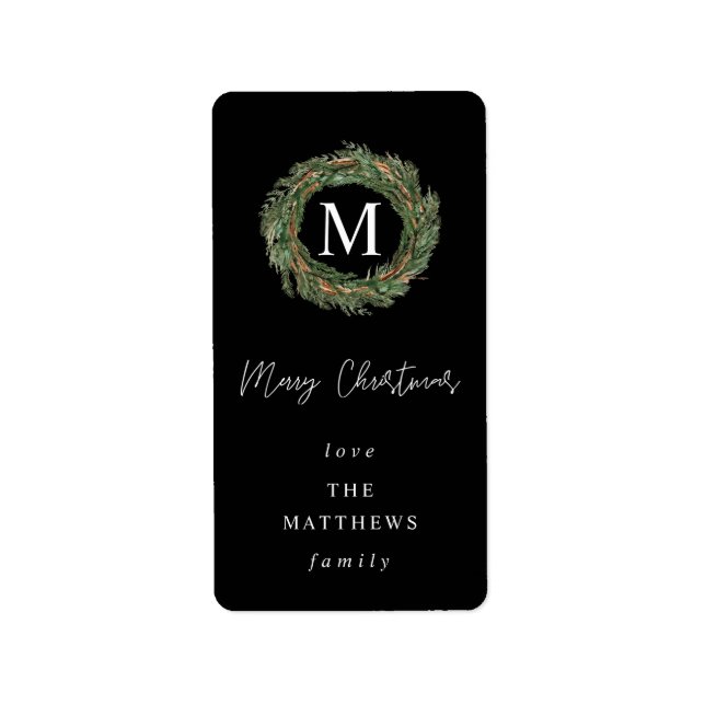 Black & Wreath Monogram Merry Christmas Label (Front)