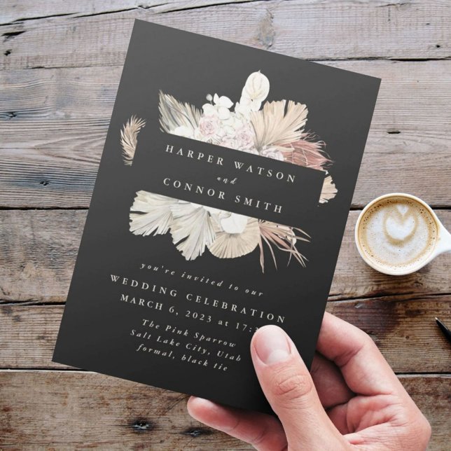Black Wreath Pampas Grass Floral Jungle Wedding Invitation (Creator Uploaded)