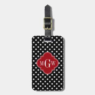 Black Wt Polka Dot Cranberry Quatrefoil 3 Monogram Luggage Tag