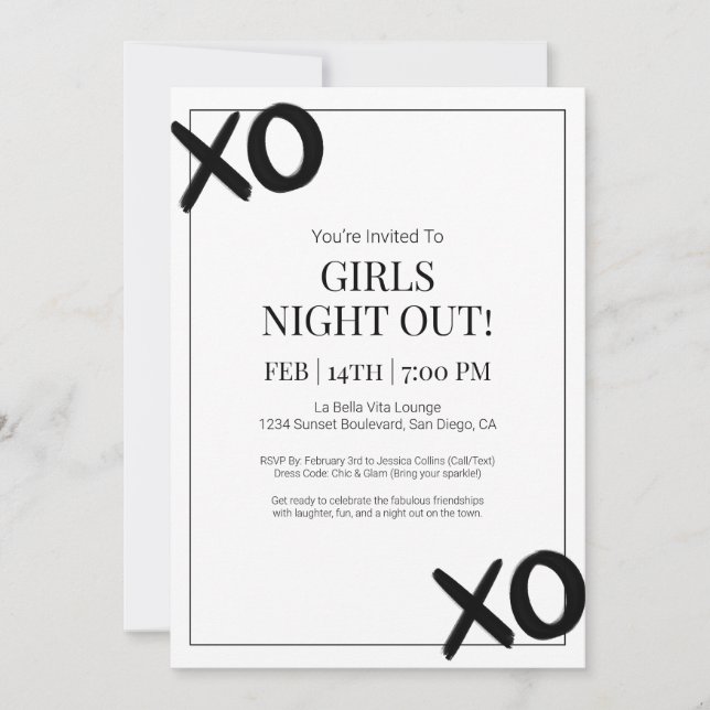 Black XOXO Girls Night Out Friends Galentine Party Invitation (Front)