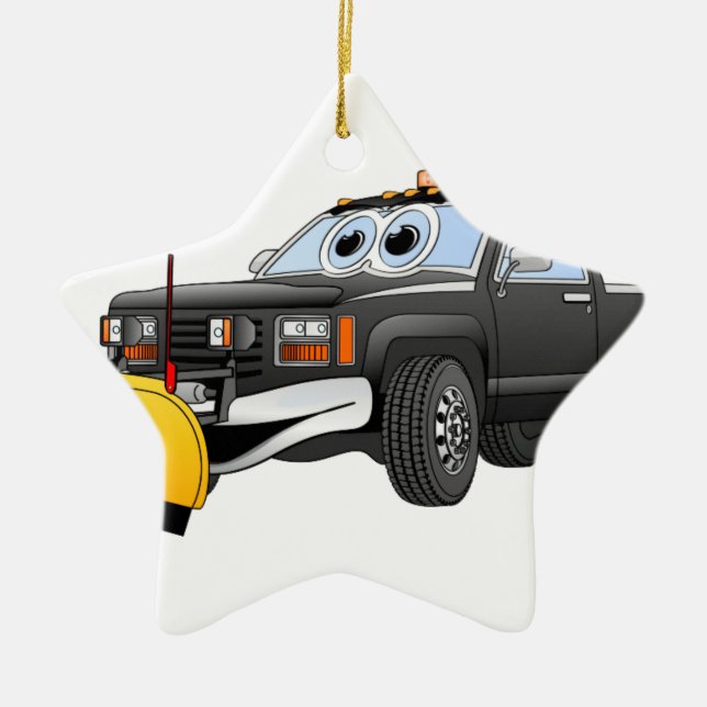 Black Y Pick Up Truck Snow Plough Cartoon Ceramic Tree Decoration (Front)