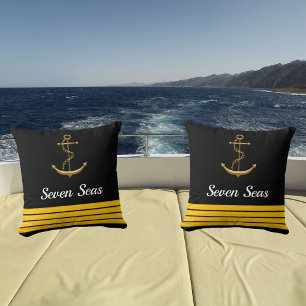 Black yacht boat gold anchor captain stripes cushion