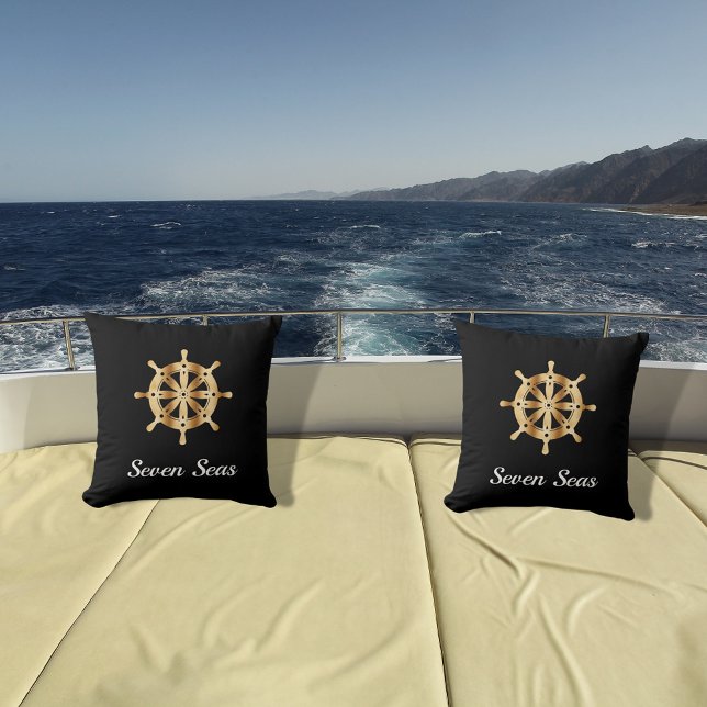 Black yacht boat name gold steering wheel coastal cushion (Creator Uploaded)