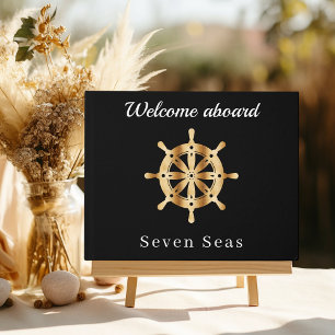 Black yacht boat name gold steering wheel guest book