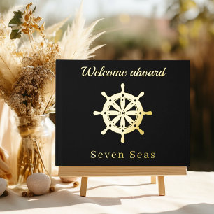 Black yacht boat name gold steering wheel guest book