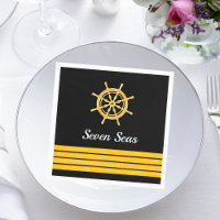 Black yacht boat name gold steering wheel stripes