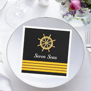 Black yacht boat name gold steering wheel stripes napkin