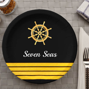 Black yacht boat name gold steering wheel stripes paper plate
