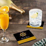 Black yacht boat name gold steering wheel stripes square paper coaster<br><div class="desc">A classic black background. Decorted with faux gold steering wheel and 4 captain stripes. Personalise and add the boat name.</div>