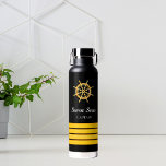 Black yacht boat name gold steering wheel stripes water bottle<br><div class="desc">A classic black background. Decorted with faux gold steering wheel and 4 captain stripes. Personalise and add the boat name.</div>