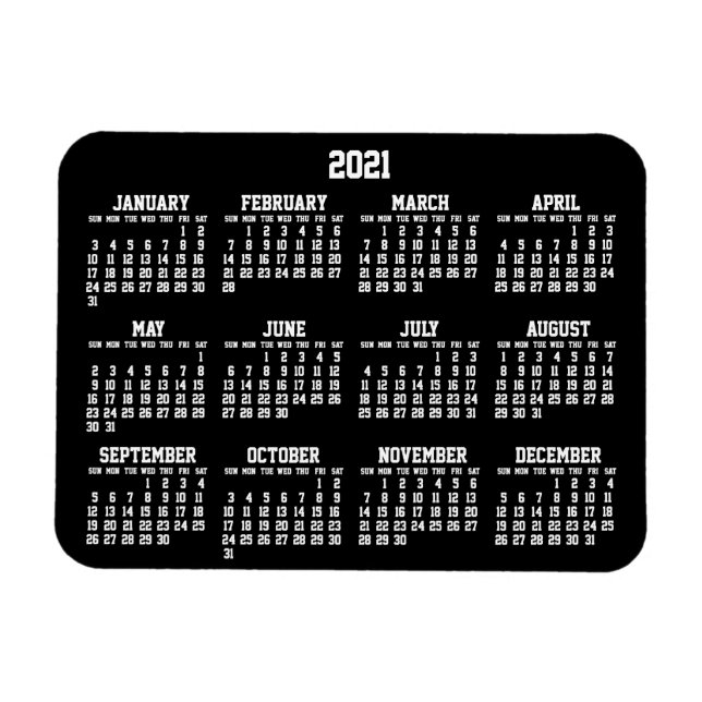 Black Yearly Calendar 2021 Small Flexible Magnets (Horizontal)